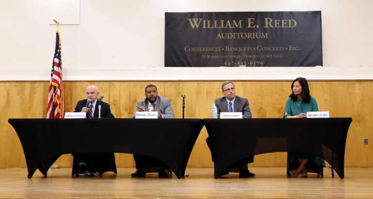 Boston mayoral candidates Robert Cappucci, Domingos DaRosa, Josh Kraft, and Mayor Michelle Wu (from left to right) participated in a mayoral forum in Dorchester.
